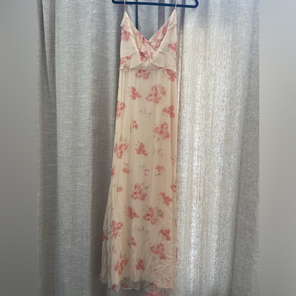 BHLDN for Anthropologie feminine, floral slip dress with ruffles on bodice.